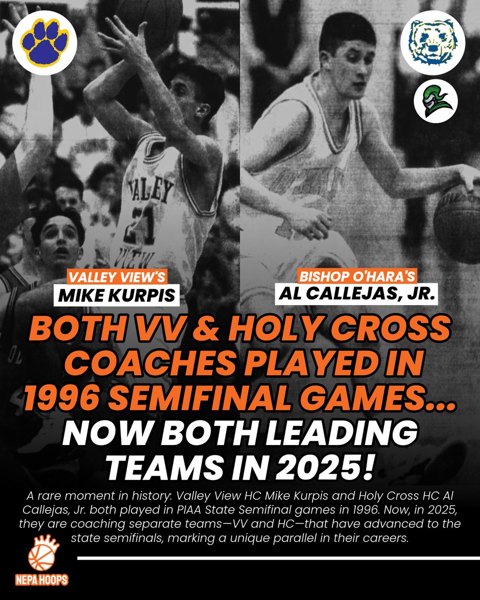 FULL CIRCLE—KURPIS &amp; CALLEJAS: 1996 ➡️ 2025‼️🤝

This one hits home for NEPA basketball—nearly three decades apart, but still making history.

In 1996, Mike Kurpis (Valley View) and Al Callejas Jr. (Bishop O’Hara, now Holy Cross) played in the PIAA State Semifinals. Fast forward
