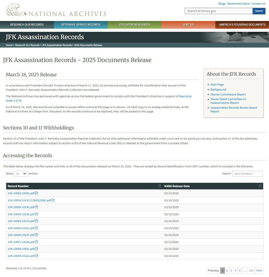 So a bunch of pdf format documents aka the JFK Files were posted on the National Archives government website .. 1,123 entries with 113 pages listed. I keep getting the impression we're playing along with a psyop the more attention we put on this but here we go!