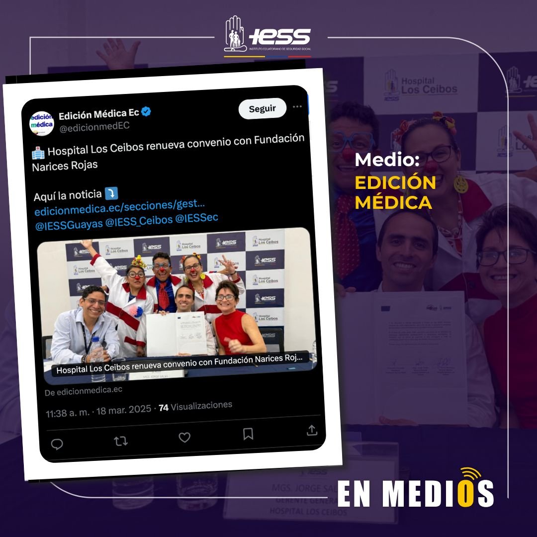 #IESSenMedios | En el <a href="/IESSec/">IESS</a> estamos convencidos que las sonrisas son una gran terapia. El <a href="/IESS_Ceibos/">Hospital Los Ceibos</a> 🏥  y la Fundación Narices Rojas 🤡 unen esfuerzos en beneficio de nuestros asegurados.

Más detalles en la nota de Edición Médica:  acortar.link/OPrha1