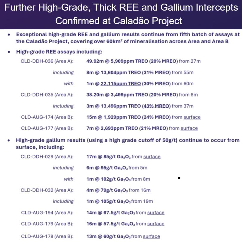 Axel_REE's tweet photo. Thick, high-grade #REE results, including 49.92m @ 5,909ppm #TREO (20% MREO) and #gallium intercepts from surface have been received from the 5th batch of Phase 1 assays at our Caladão Project in Brazil.    

Read more: https://t.co/2wt9dOw40v 

$AXL https://t.co/dgHCSXVhKH