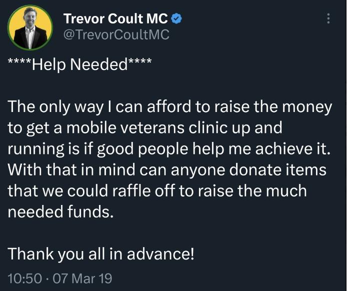 rstrok71's tweet photo. I was thinking. @atalanta2024 @0HappyHopper0 - wouldn't it be good to review some of trevor coult's crimes other than putting bounties on people's heads? the #scamvan is always a good one. Isn't this what trevor is ALWAYS about-raising money while having no charity? https://t.co/S85tNaK7Lv