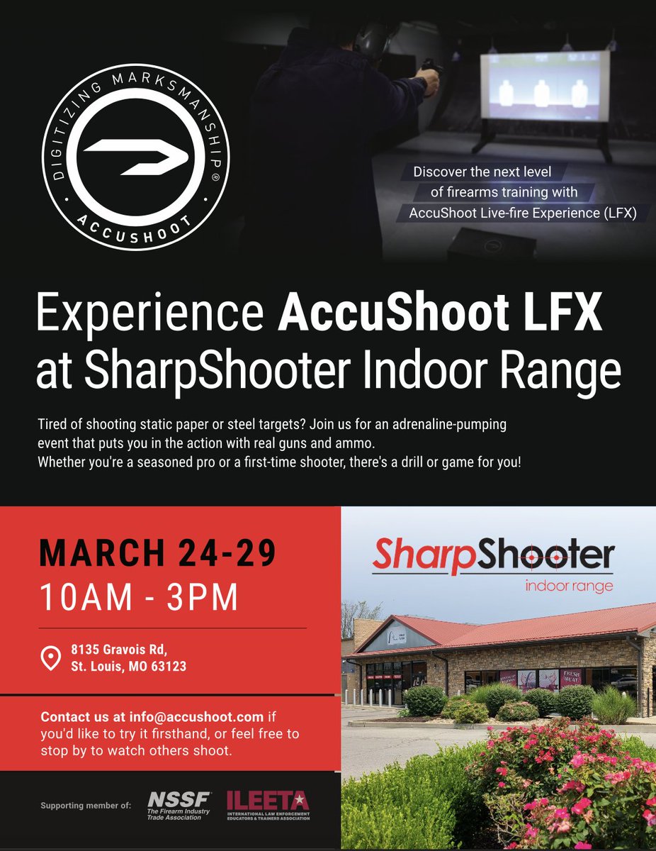 AccuShoot (@accushoot) on Twitter photo Come join us in St. Louis, MO and experience the future of #firearmstraining with a FREE DEMO at SharpShooter range (8134 Gravois Rd.) between March 24 and 29. Send us an email at info@accushoot.com to secure your spot today! Come join us in St. Louis, MO and experience the future of #firearmstraining with a FREE DEMO at SharpShooter range (8134 Gravois Rd.) between March 24 and 29. Send us an email at info@accushoot.com to secure your spot today!