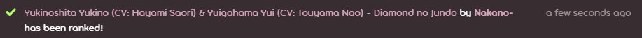 osuNakano's tweet image. officially ranked beatmaps 8!! (totally no dq :tf)

First ever Diamond no Jundo full version to be ranked for std mode!!

Thanks to @dal2ra, @MarinaQQQ and Ianos for carrying me and thanks to ckharv and Mattay for the noms once again.

osu.ppy.sh/beatmapsets/22…