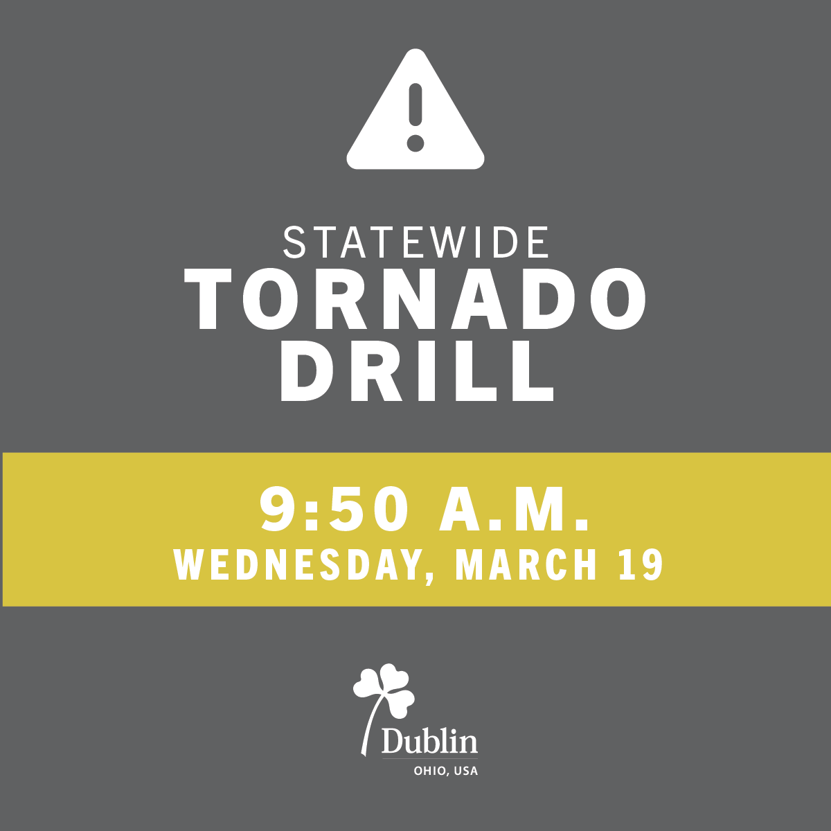 DublinPolice's tweet image. 🚨 Statewide Tornado Drill at 9:50 a.m. Wednesday, March 19 🚨

🔹 Identify a safe shelter: interior, windowless room or basement
🔹 Dublin’s usual noon siren test will run at 9:50 a.m. for three minutes

📌 Be prepared: bit.ly/EmergencyPrepD…
#SevereWeatherAwarenessWeek
