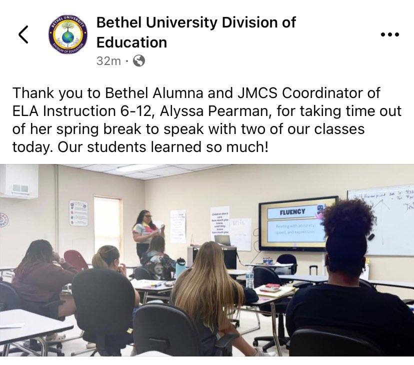 mrs_pearman's tweet image. I had the pleasure of presenting for two classes at my Alma Mater, @BethelUniv today. Proud to say Bethel University EXCEEDED expectations on the 2024 EPP Report Card! #proudalumna #literacyandjusticeforall