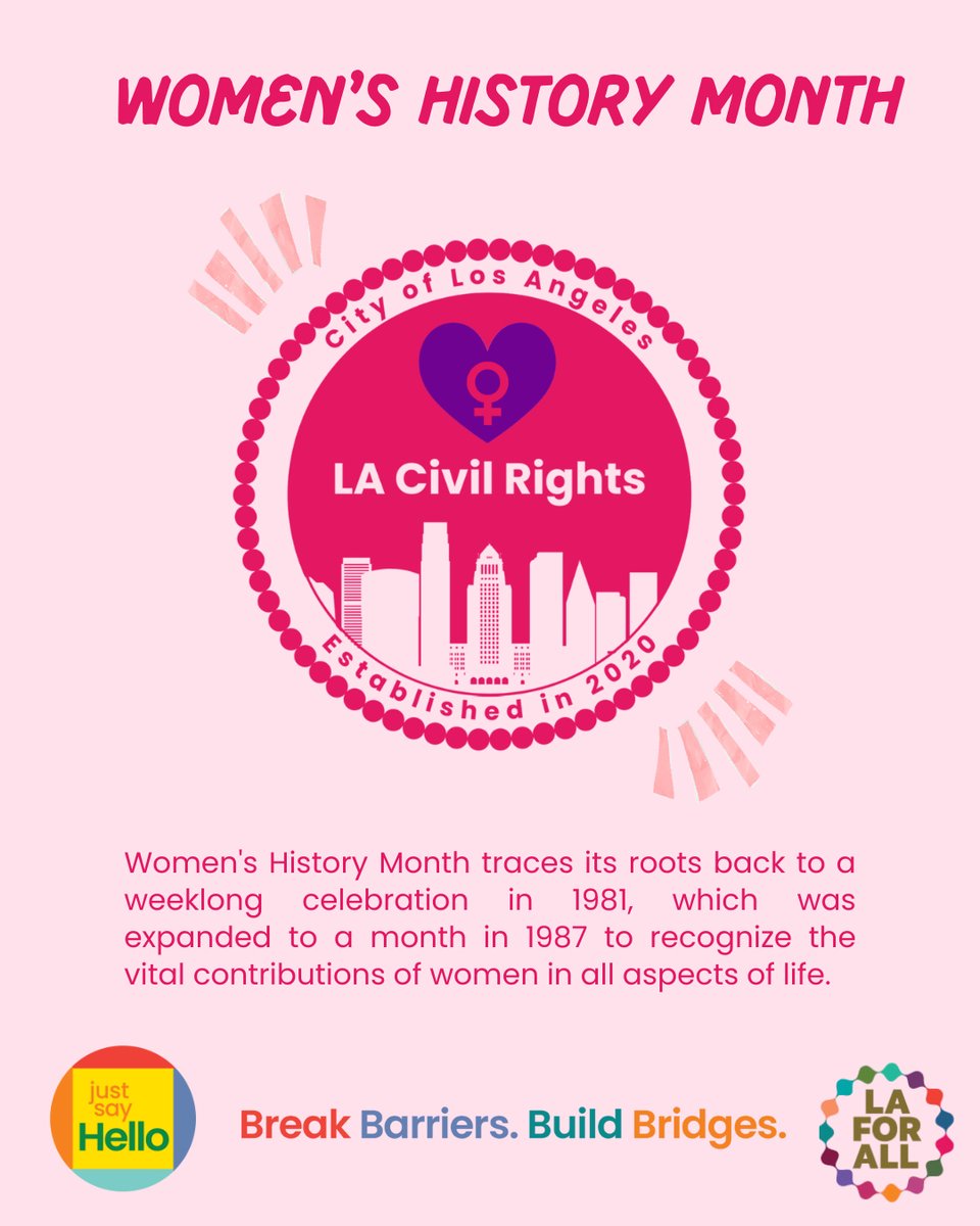 lacivilrights's tweet photo. In honor of Women’s History Month, we’re celebrating the achievements, resilience, and strength of women with diverse backgrounds. We’re proud to uplift their voices, stories, and legacies, which shape our community and help build a stronger #LAForAll 
#JustSayHelloLA #LosAngeles https://t.co/i2alW7Geyk