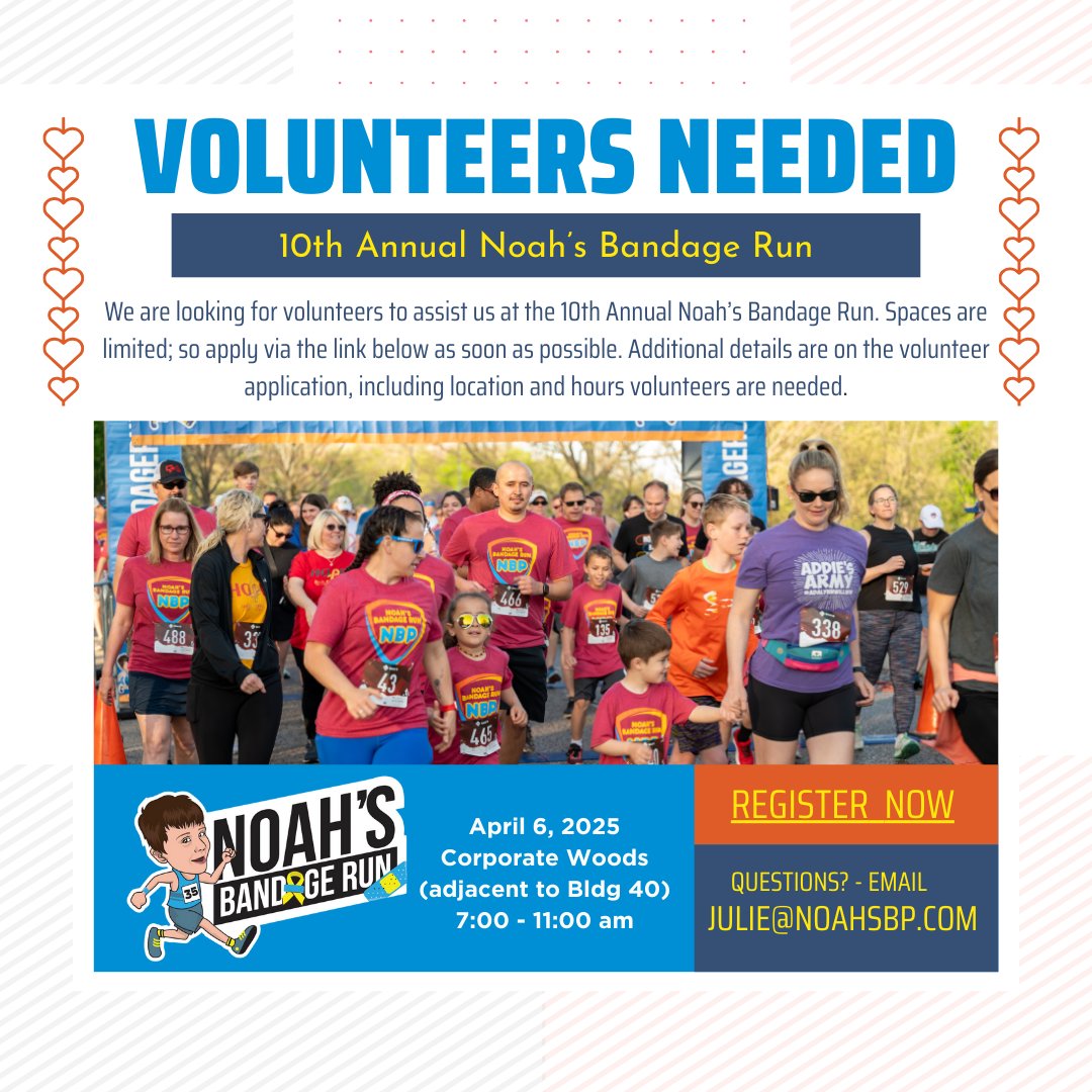 Join us as a volunteer for the 10th Annual Noah's Bandage Run! Sign up here: forms.office.com/r/cpu87eUQM6. Thank you for helping make this event a success!