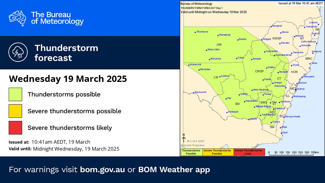 BOM_NSW's tweet photo. ⛈️Thunderstorm FORECAST for TODAY (19/3):
🟢 Non-severe storms possible: north-west, central and southern inland #NSW, and the #ACT.
Monitor the radar at https://t.co/joGHpQeD2Z or on the #BOMApp https://t.co/MrSpZOfIqv