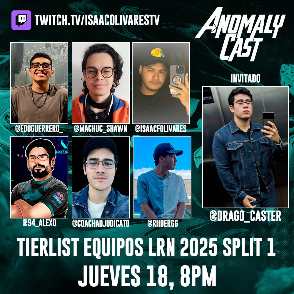 ES HOY ES HOY! 8PM INVITADO: <a href="/Drago_caster/">Drago🇲🇽</a> 🎙️
¿Qué equipo creemos que se llevara el campeonato y cual descenderá?  🚨(Todo con los leaks y de los jugadores de LRN SPLIT 1 2025) 
Con el roster sexual:
<a href="/edoguerrero_/">edo</a>
@machuc_shawn
<a href="/94_alexo/">Alexo</a>
<a href="/CoachAdjudicato/">Adjudicator</a>
<a href="/RiiderGG/">Rider •</a>