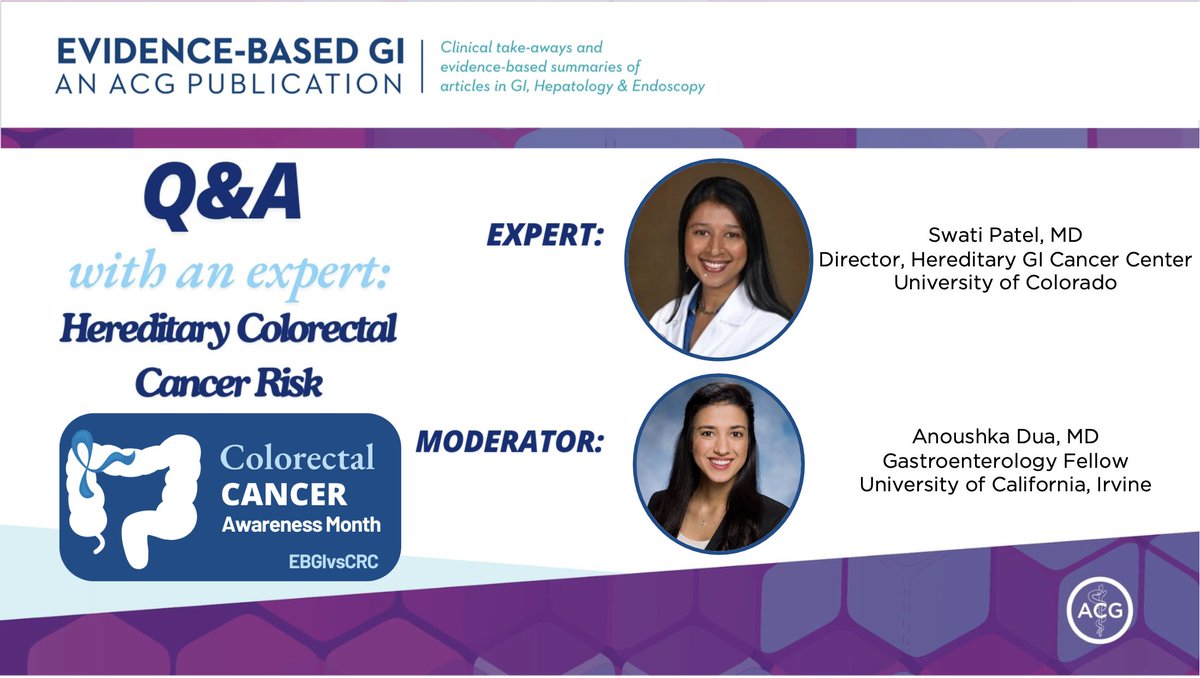 Evidence-Based GI: An ACG Publication (EBGI) (@acg_ebgi) on Twitter photo 1/ As part of Week 3 of our #CRCAwarenessMonth campaign, we present our first of two ”Q&A with an Expert” sessions on non-modifiable CRC risk!
First up: 🧬Hereditary Colorectal Cancer Risk🧬 with the one and only <a href="/swatigp/">Swati G. Patel, MD MS</a>
(& moderator <a href="/anoushkaduaMD/">Anoushka Dua, MD</a>)
🧠 Scroll to learn more 👇🏽 1/ As part of Week 3 of our #CRCAwarenessMonth campaign, we present our first of two ”Q&A with an Expert” sessions on non-modifiable CRC risk!
First up: 🧬Hereditary Colorectal Cancer Risk🧬 with the one and only <a href="/swatigp/">Swati G. Patel, MD MS</a>
(& moderator <a href="/anoushkaduaMD/">Anoushka Dua, MD</a>)
🧠 Scroll to learn more 👇🏽