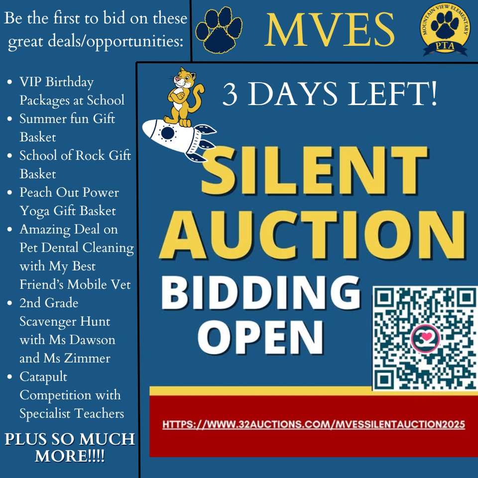 3 DAYS LEFT ON MVES SILENT AUCTION!  Get your bids in before it is too late!  32auctions.com/mvessilentauct…