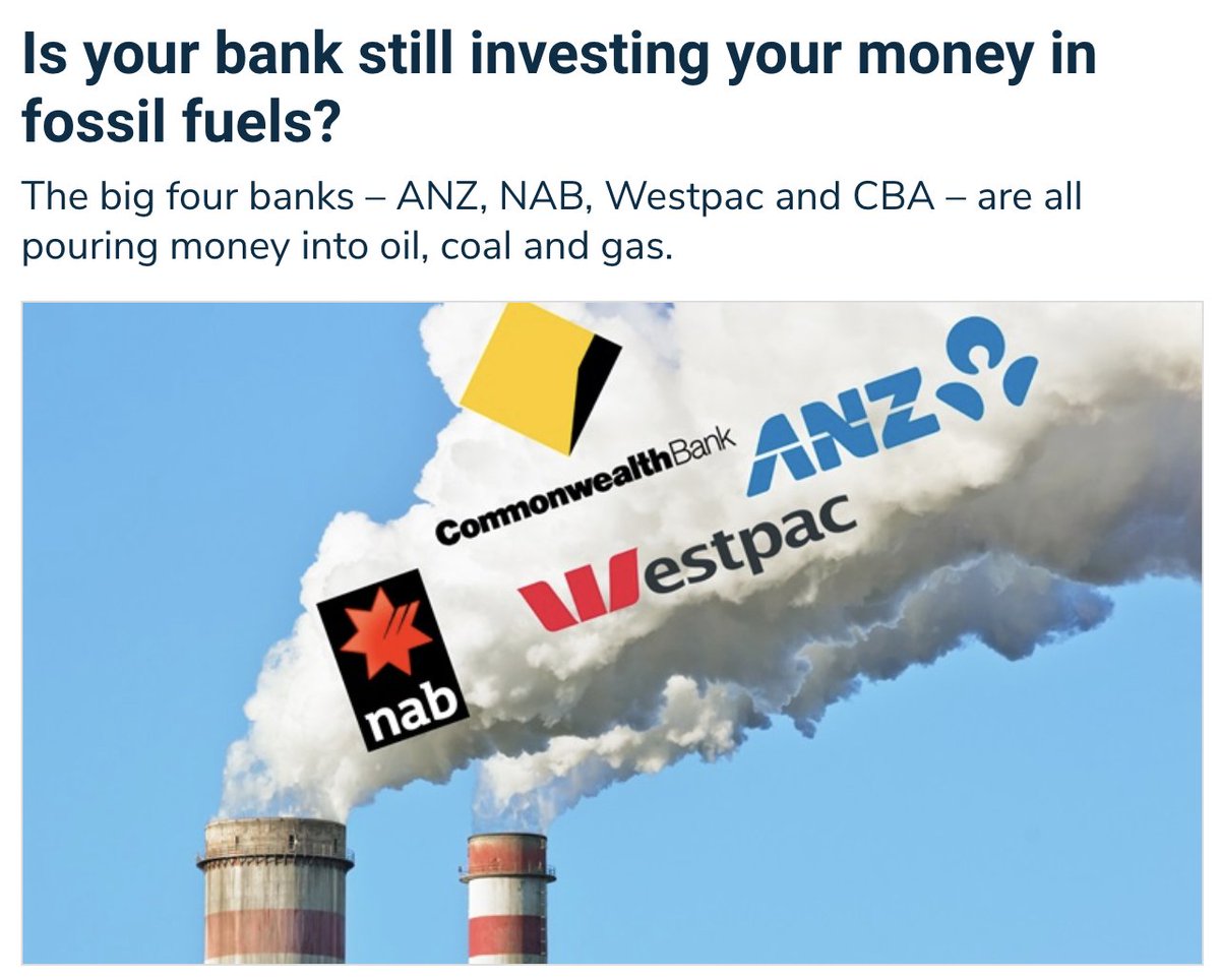 Premier consumer advocacy organisation @ChoiceAustralia reports that all four big Australian banks <a href="/ANZ_AU/">ANZ Australia</a>, <a href="/NAB/">NAB</a>, <a href="/Westpac/">Westpac Bank</a> and <a href="/CommBank/">CommBank</a> are pouring billions of dollars into coal, oil and gas in breach of their climate commitments. choice.com.au/money/banking/…