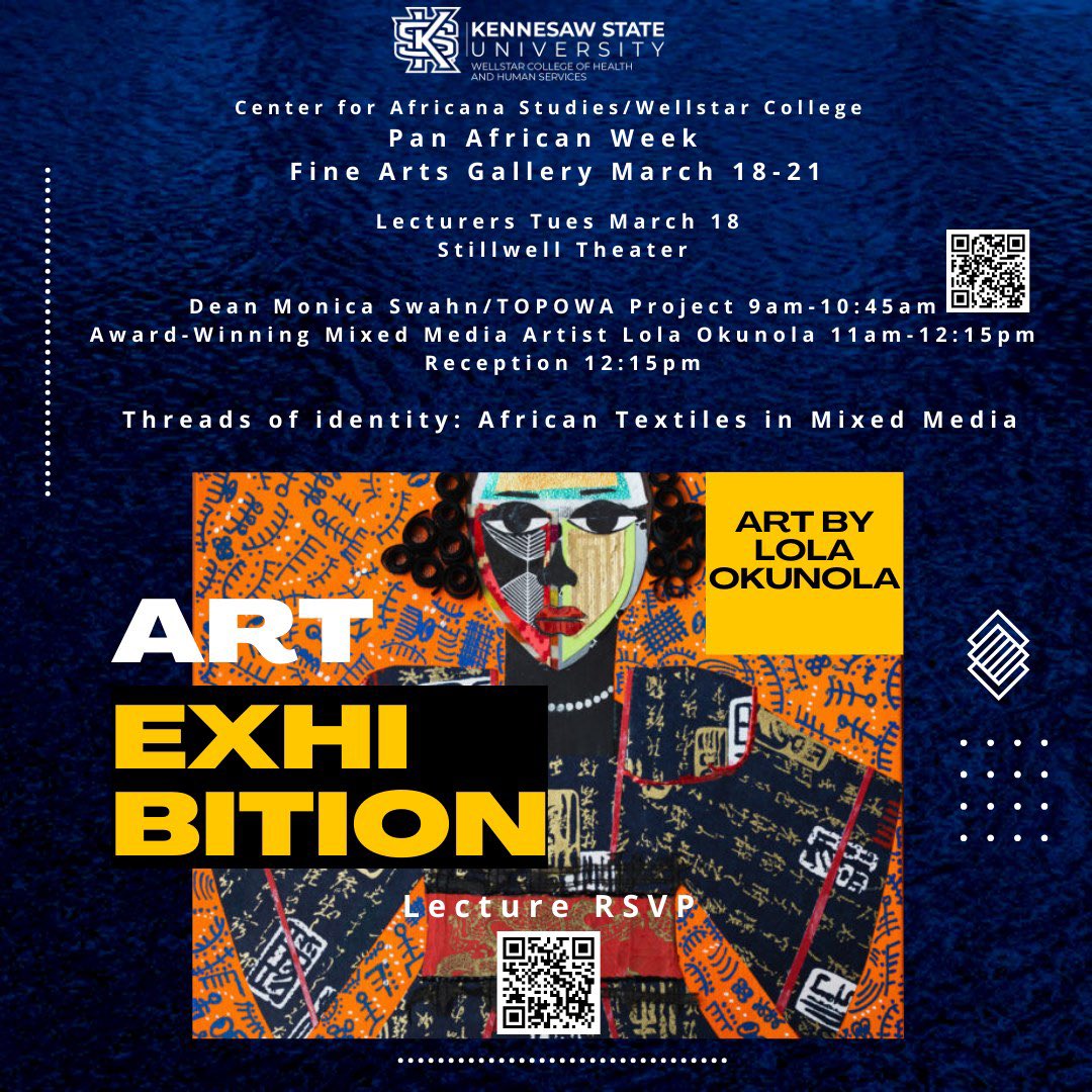Phenomenal lecture &amp; exhibit today by talented, award winning, mixed media artist Lola Okunola (on display through Friday in the Fine Arts gallery through Friday) as we celebrate Pan Africa week 🌍🎉🙏🏼🙏🏿
#artexhibit #panafrica #mixedmedia #africantextiles #africandiaspora #KSU