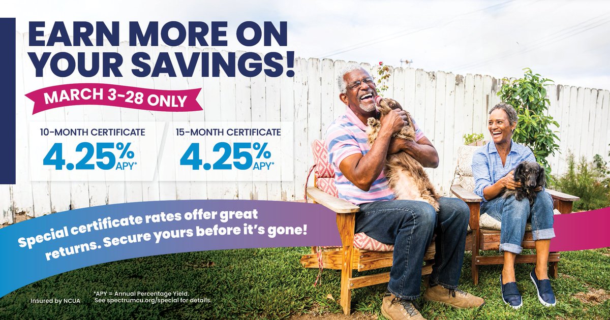 SpectrumCU's tweet image. Grow Your Savings with Our Twice as Nice Certificate Special! Choose from 10-Month and 15-Month options and start saving today. ow.ly/brOb50Vkm3X