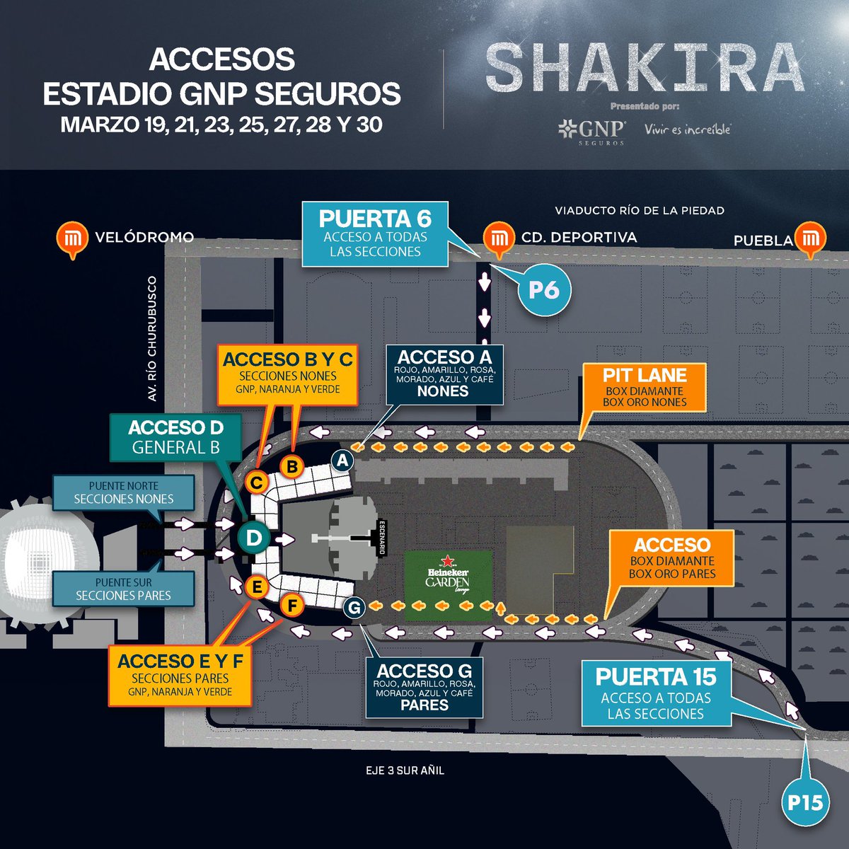 Accesos para los 7 conciertos de Shakira en el Estadio GNP Seguros. #LMYNLWorldTourCDMX #Shakira #EstadioGNPSeguros