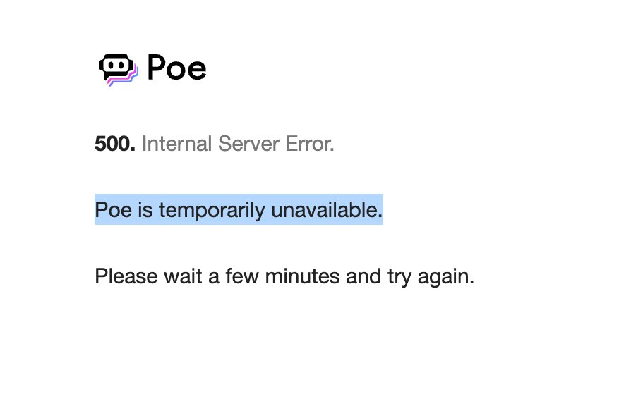 wwzyhaoo's tweet photo. @poe_platform now the site shows 500 error,  Poe is temporarily unavailable. plz check it out https://t.co/rZhTdysT9S
