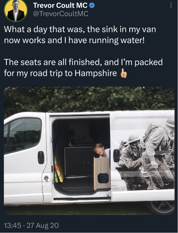 rstrok71's tweet photo. well...of course not. it would not be trevor coult's #scamvan if it was used for its intended purposes would it? does anyone see a #veteran in site? are they hiding in the tower? https://t.co/BPYaG84FCy