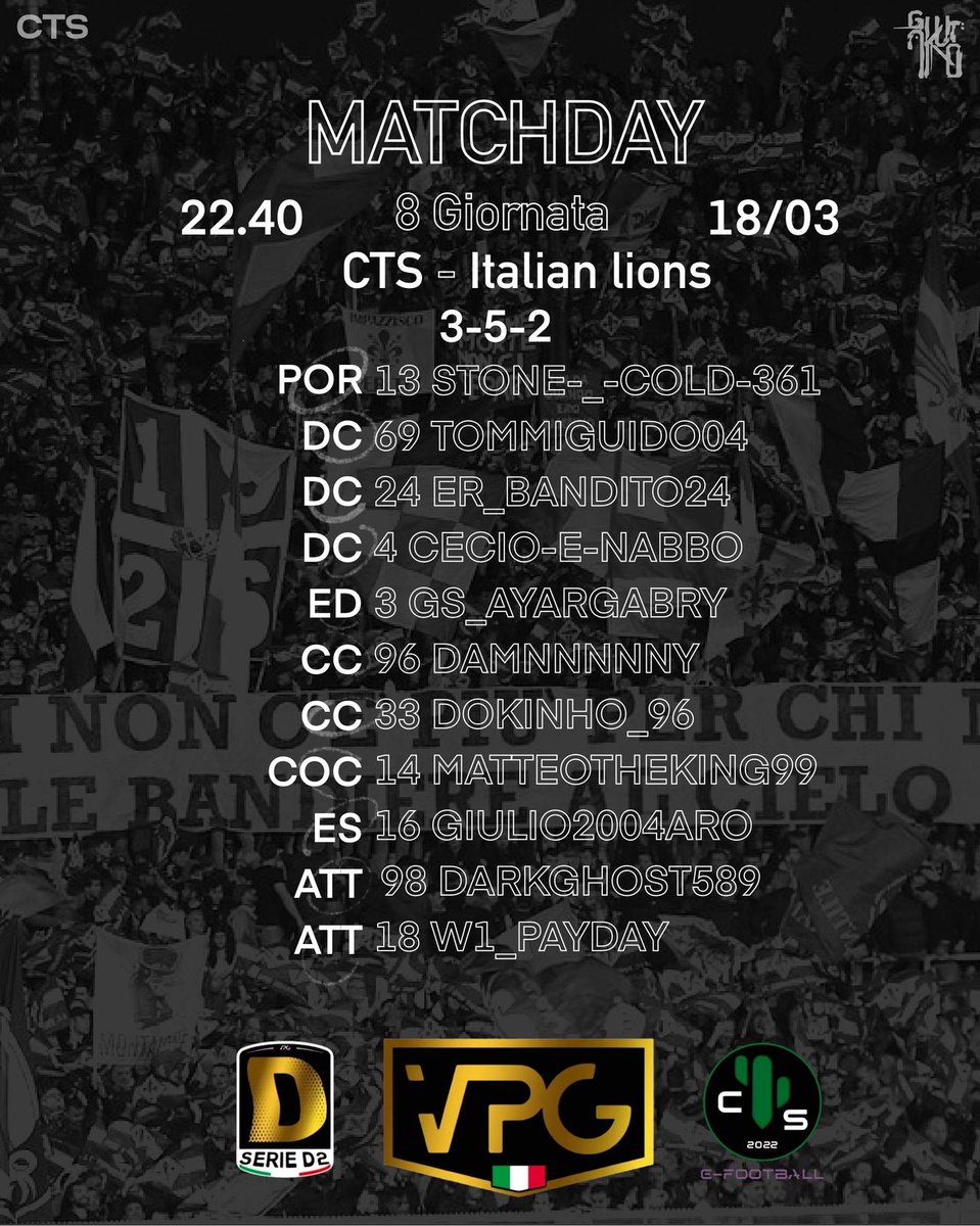 💚🖤 STARTING XI 🖤💚 
Ecco la formazione ufficiale che affronterà alle 22:40 ITALIAN LIONS
Partita valevole per la 8° giornata del campionato VPG D2

Forza CTS 💚🖤