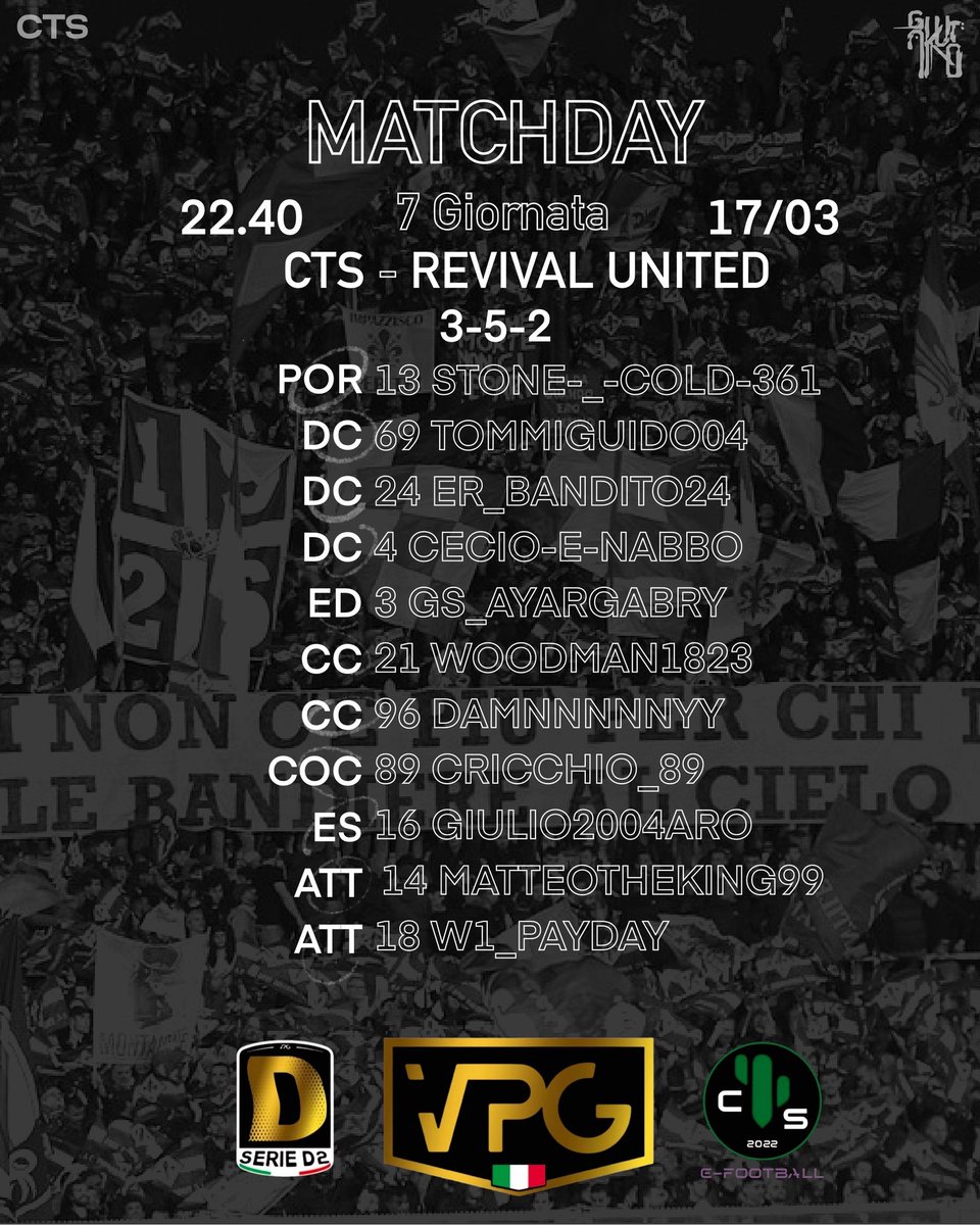 💚🖤 STARTING XI 🖤💚 
Ecco la formazione ufficiale che affronterà alle 22:40 REVIVAL UNITED 
Partita valevole per la 7° giornata del campionato VPG D2

Forza CTS 💚🖤