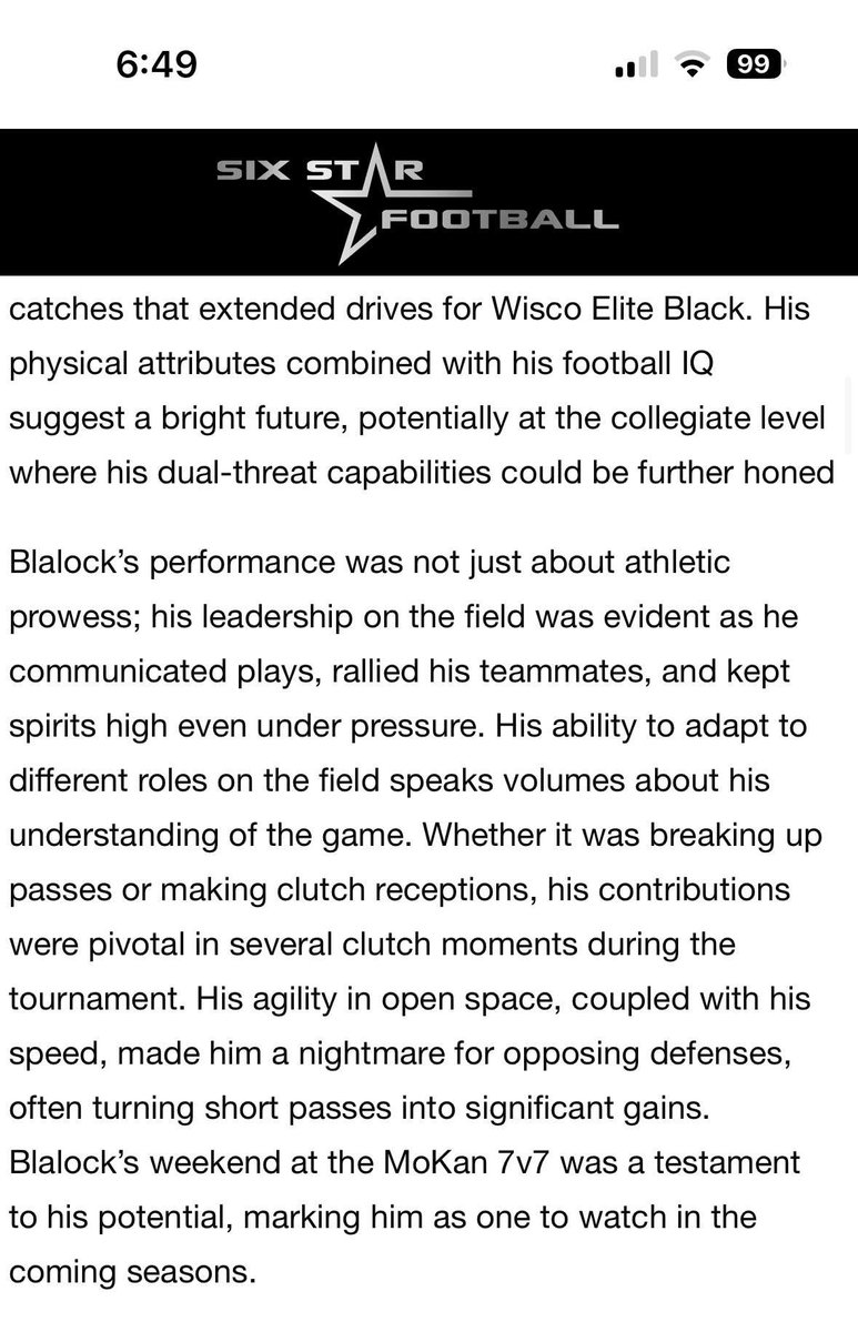 recent write up from Six Star football
Wisco elite 7v7 (18u) as a 16 y/o sophomore 
<a href="/BHSREDDEVILFB/">BHS Red Devil Football</a>