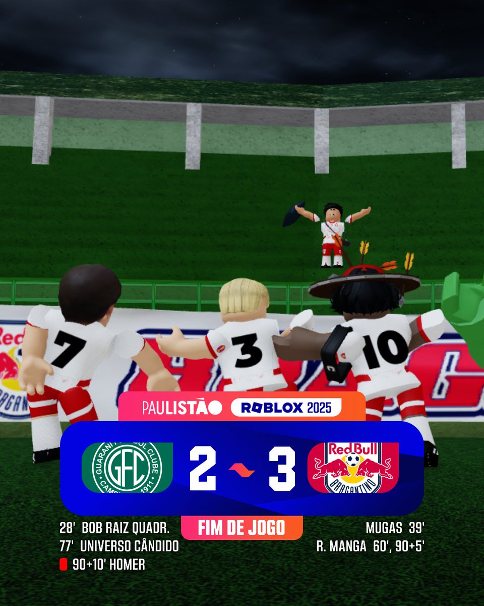 Copa_Roblox's tweet image. ⏰ FIM DE JOGO
Num jogo bem equilibrado, o já eliminado Bragantino leva a melhor e elimina de vez o Guarani do Paulistão Roblox com dois gols do prefeito de Sorocaba!
#PaulistaoRoblox 🏆
🟢 #Guarani 2 × 3 #Bragantino 🐂