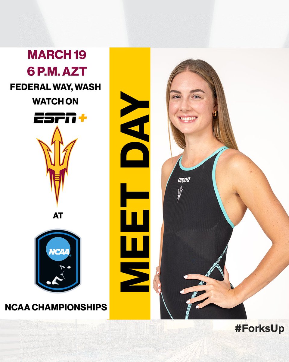 ASUSwimDive's tweet photo. NCAA Championships meet day!! 🤩
⏰ 6 p.m. AZT
💻 ESPN+
📍 Weyerhaeuser King County Aquatics Center
🏊♀️ 200 medley relay & 800 free relay
🔗 https://t.co/4e3dSLx3YE
#ForksUp /// #O2V https://t.co/6LPMnQ2u4d