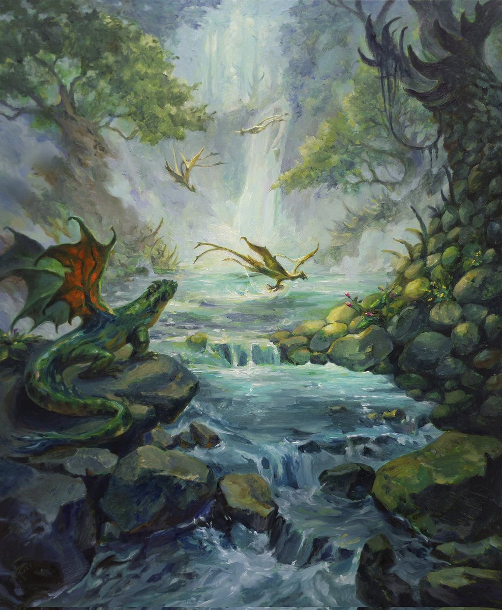 dopaprime's tweet image. Misty Rainforest for #MTGTarkir
AD: Zack Stella
I am grateful for the chance to paint my first land card! And it depicts the peaceful life of the Tarkir dragons ☺️🌿
The original oil painting will be available for auction this weekend ✨️
