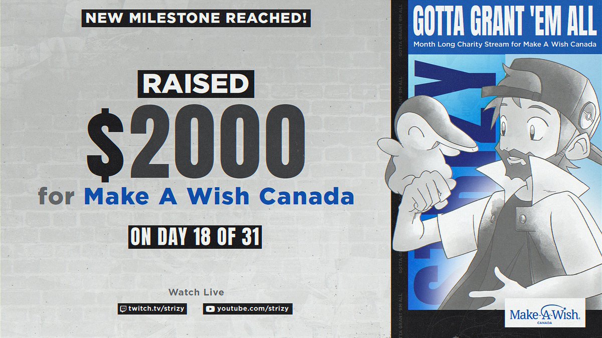 strizy (@strizy) on Twitter photo 🚨 New Milestone Reached! 🚨
Really excited to share that today, we've raised $2000 for <a href="/MakeAWishCA/">Make-A-Wish Canada</a> so far during the month of March!
When I started this event I honestly thought $500 was a reasonable goal, and it is but with all the support everyone has been showing the 🚨 New Milestone Reached! 🚨
Really excited to share that today, we've raised $2000 for <a href="/MakeAWishCA/">Make-A-Wish Canada</a> so far during the month of March!
When I started this event I honestly thought $500 was a reasonable goal, and it is but with all the support everyone has been showing the