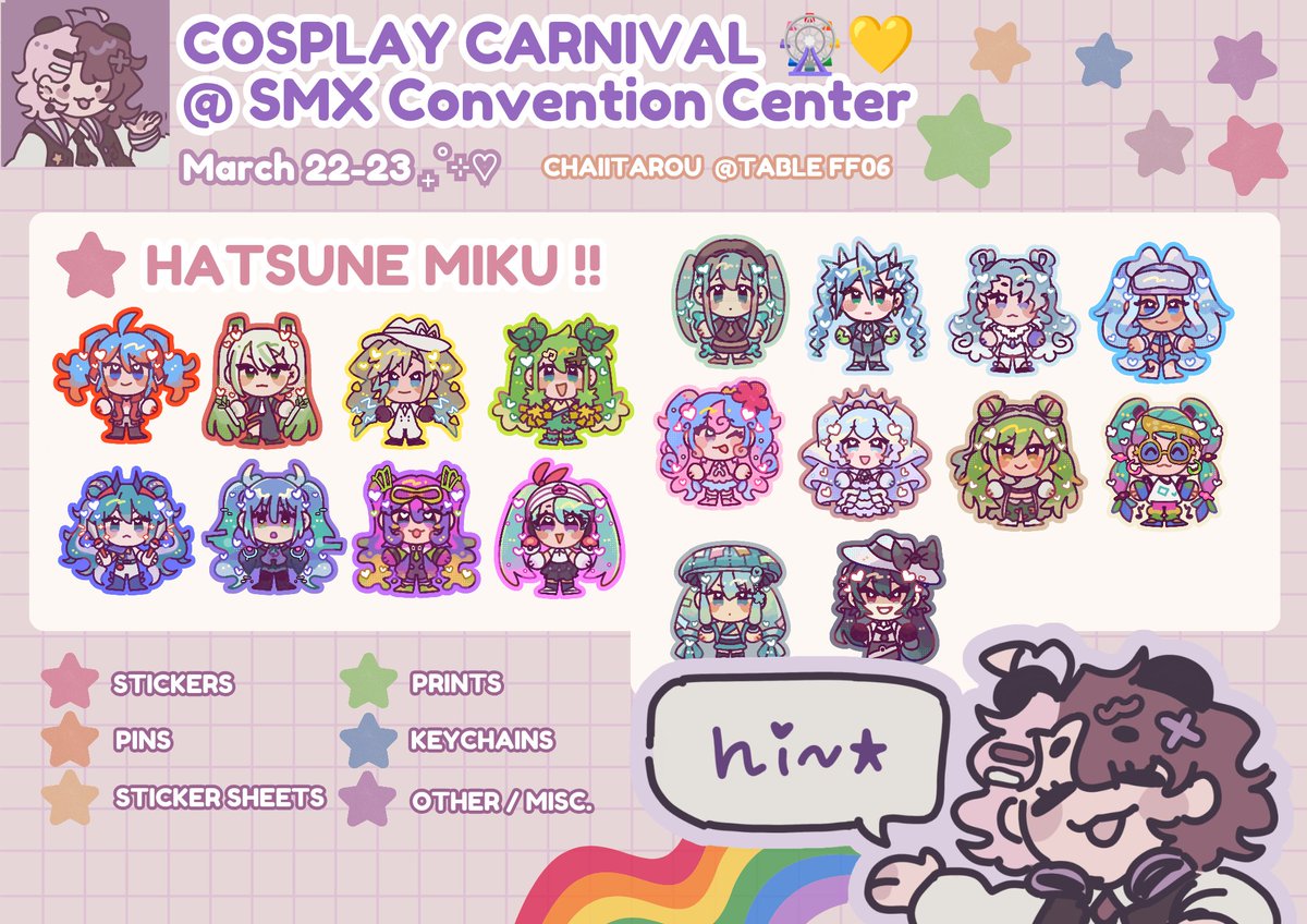 [1/2]
🧡 #CosplayCarnival2025 #coscarni2025 🧡
✨RTS Appreciated ✨

TABLE # FF06 MERCH CATALOGUE for Cosplay Carnival ft. 
<a href="/pechiecessie/">✨ cessie @ KDH + Comms open🌸</a>  and <a href="/DrawsEleven/">11Draws</a>

MERCH LINEUP:
🌈 ave mujica + mygo
🌈 pokemon
🌈 bridgerton
🌈 ...and MORE!

DMs are open for preorders!