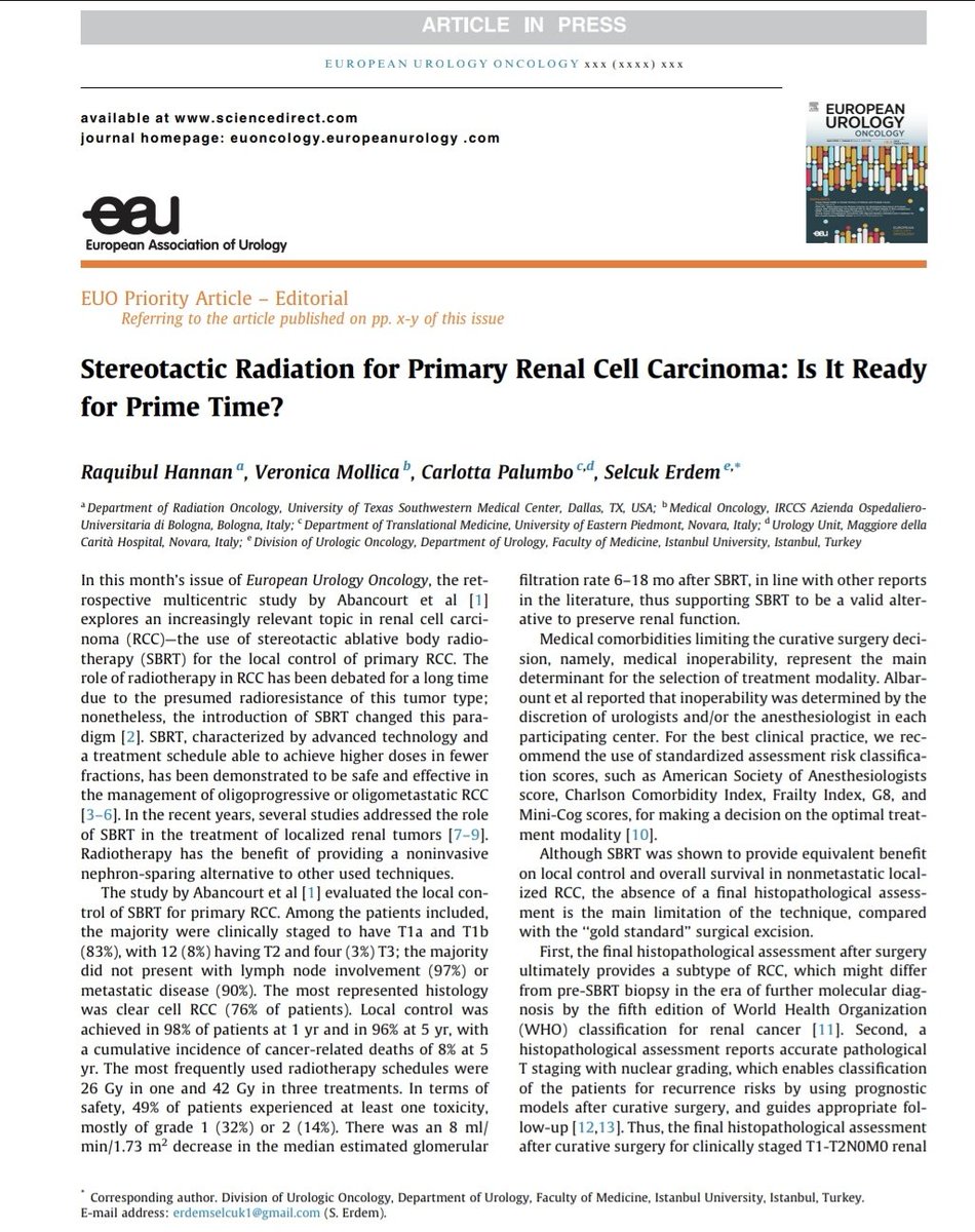 Selcuk Erdem (@selcuk__erdem) on Twitter photo Is it prime time for #SBRT on primary RCC treatment?
A multidisciplinary collaborative editorial comment by our team <a href="/Raquib_Hannan/">Raquibul Hannan</a> <a href="/vmollica7/">veronica mollica</a> <a href="/CPalumbo87/">Carlotta Palumbo</a>
Check this article in <a href="/EurUrolOncol/">European Urology Oncology</a>
sciencedirect.com/science/articl…
<a href="/MRoupret/">Morgan Roupret</a> <a href="/Ric_Campi/">Riccardo Campi</a> <a href="/EAUYAU_RenalCa/">EAU-YAU Renal Cancer Working Group</a> <a href="/IKCCorg/">IKCC Kidney Cancer</a> <a href="/KidneyCancer/">Kidney Cancer</a> Is it prime time for #SBRT on primary RCC treatment?
A multidisciplinary collaborative editorial comment by our team <a href="/Raquib_Hannan/">Raquibul Hannan</a> <a href="/vmollica7/">veronica mollica</a> <a href="/CPalumbo87/">Carlotta Palumbo</a>
Check this article in <a href="/EurUrolOncol/">European Urology Oncology</a>
sciencedirect.com/science/articl…
<a href="/MRoupret/">Morgan Roupret</a> <a href="/Ric_Campi/">Riccardo Campi</a> <a href="/EAUYAU_RenalCa/">EAU-YAU Renal Cancer Working Group</a> <a href="/IKCCorg/">IKCC Kidney Cancer</a> <a href="/KidneyCancer/">Kidney Cancer</a>