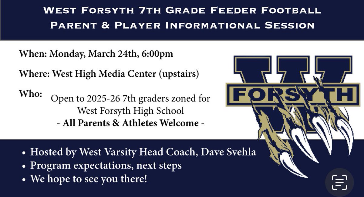 West Forsyth Football Feeder Program (@wffballfeeder) on Twitter photo 🚨 Attention West Forsyth rising 7th grade families (c/o 2031)🚨
Join us Monday 3/24 <a href="/6pm/">Follow us @Shop6pm!</a> for an informational mtg for our 2025 7th grade feeder football team. Hosted by Varsity FB HC: Coach Svehla.
Come listen and learn about the opportunity and plans ahead!
#GMSAA 🚨 Attention West Forsyth rising 7th grade families (c/o 2031)🚨
Join us Monday 3/24 <a href="/6pm/">Follow us @Shop6pm!</a> for an informational mtg for our 2025 7th grade feeder football team. Hosted by Varsity FB HC: Coach Svehla.
Come listen and learn about the opportunity and plans ahead!
#GMSAA