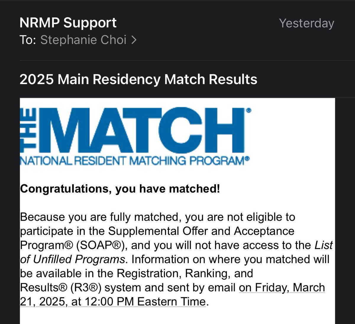 Stephanie Choi (@_stephaniechoi) on Twitter photo Still pinching myself that this happened yesterday! I’ve matched into DERMATOLOGY 😭💖🫶🏻 Can’t wait to figure out where I’ll be on Friday! #match2025 #dermtwitter Still pinching myself that this happened yesterday! I’ve matched into DERMATOLOGY 😭💖🫶🏻 Can’t wait to figure out where I’ll be on Friday! #match2025 #dermtwitter