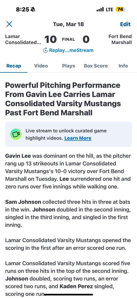 Mustangs Win! 
10-0 vs Fort Bend Marshall

Junior P Gavin Lee with a 1-Hitter and 13 K’s!