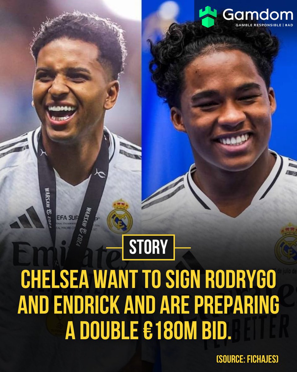 DeadlineDayLive's tweet photo. 🚨 Chelsea are keen on both Rodrygo and Endrick and are reportedly preparing to launch a double bid to Real Madrid worth €180m.

(Source: Fichajes)

🤔 𝗗𝗘𝗕𝗔𝗧𝗘: Out of 10, what are the chances of a deal like this happening? https://t.co/f8K3OVeVsj