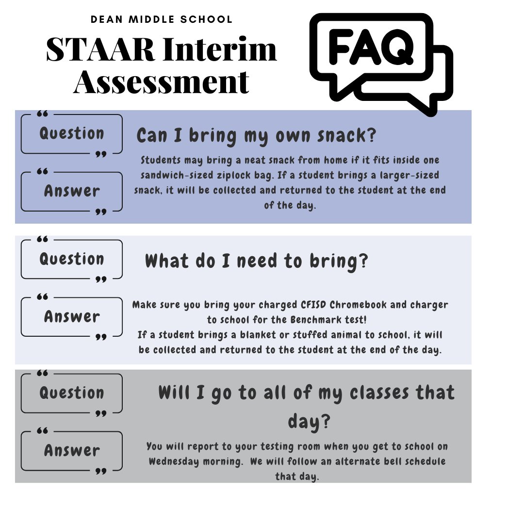 📢 Attention Dean MS Parents! 

On Tuesday, March 25th, our 6th, 7th, &amp; 8th graders will take their online Math STAAR Interim Assessment.📊
Please ensure your student brings their fully charged CFISD Chromebook &amp; charger to school! 💻⚡
Thank you for your support! 💙#DeanDynasty
