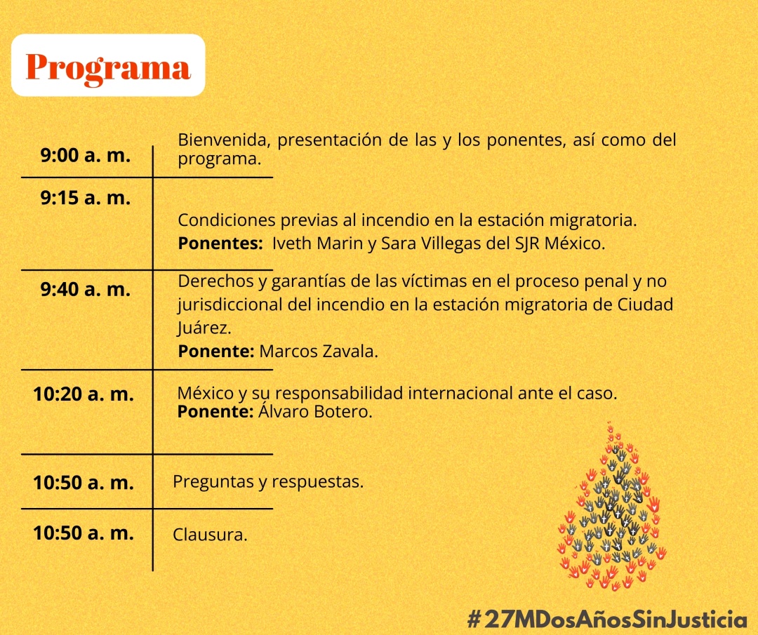 #27MDosAñosSinJusticia 

Acompáñenos el 28 de marzo en el conversatorio: Acceso a la Justicia, Verdad y Reparación a dos años del Incendio en la Estación migratoria de Ciudad Juárez.

🗓️ 28/3
▶️ f.mtr.cool/spjbwpnkai