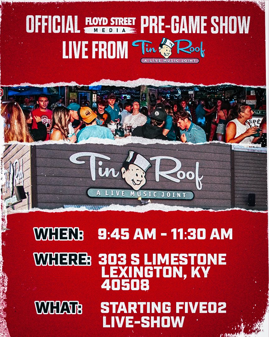 FloydStMedia's tweet image. OFFICIAL MARCH MADNESS PREGAME SHOW LIVE FROM TIN ROOF 🏀 

Card Nation we’re making @LexTinRoof the Official Gameday Headquarters This Thursday! 🤝

Join us for a Live Pregame Show with @thestateoflou 🎙️

Doors open at 9:45AM &amp;amp; Show Starts at 10:00AM ‼️ 

No Cover &amp;amp;…