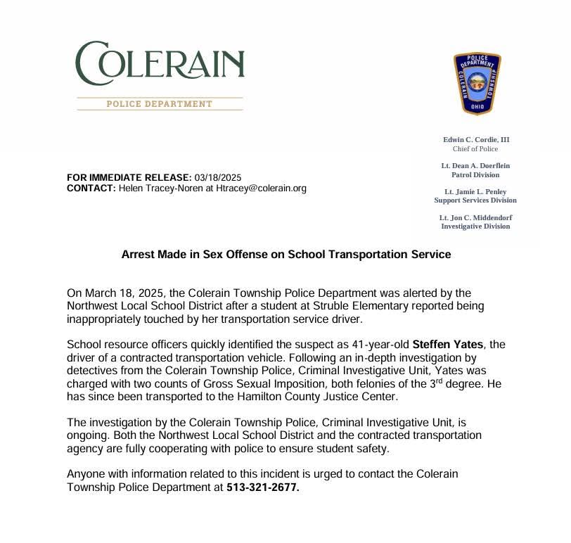 An arrest was made by the Colerain Township Police Department CIU. Please see the following release for more details. #BREAKING