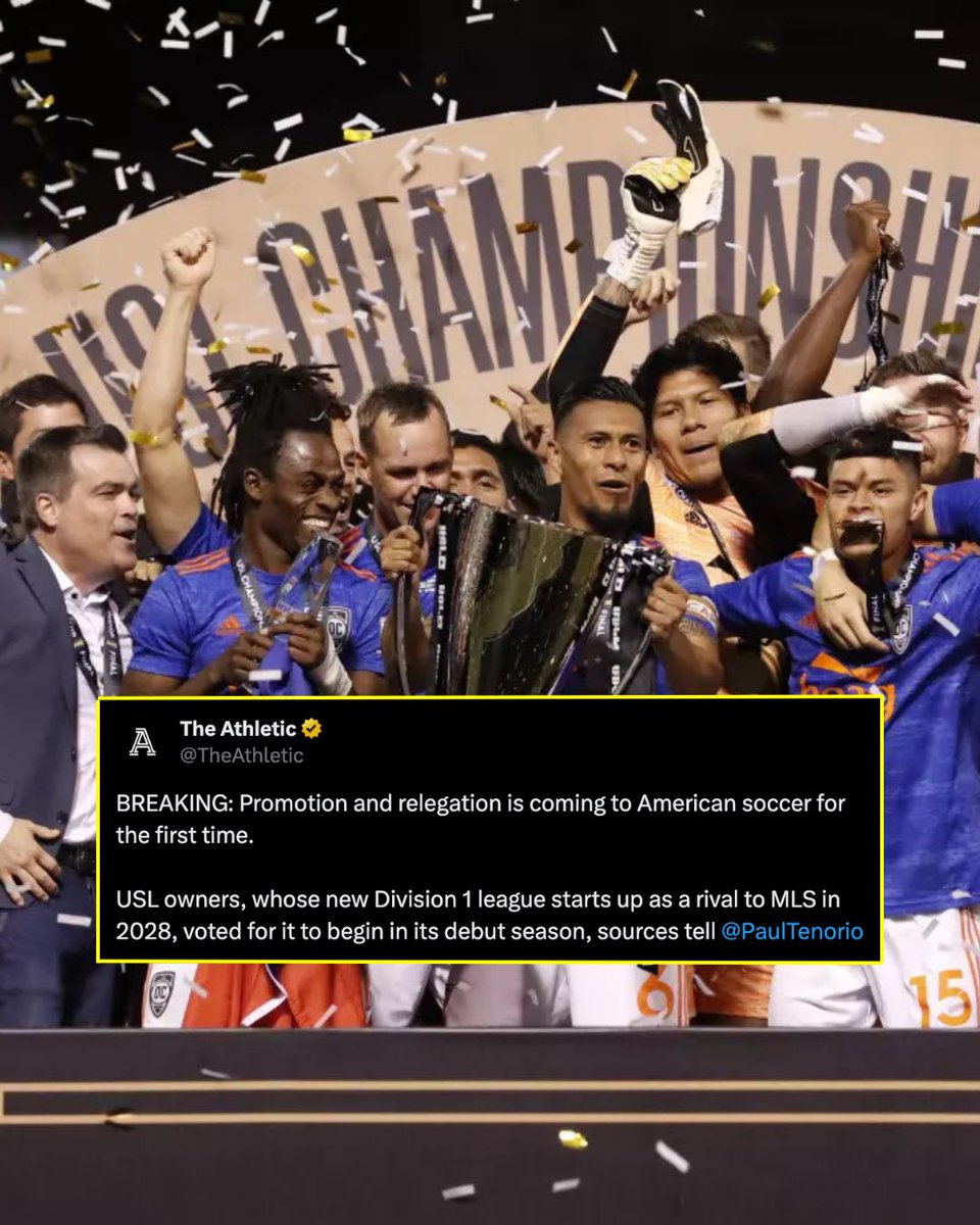 MenInBlazers's tweet photo. Promotion and relegation is coming to American soccer for the first time ever 🇺🇸⚽️

Per @paultenorio, USL owners voted to approve a three-tier pyramid—via a “supermajority”—when the new USL Division 1 launches in 2028. https://t.co/v0VXX5qCmF