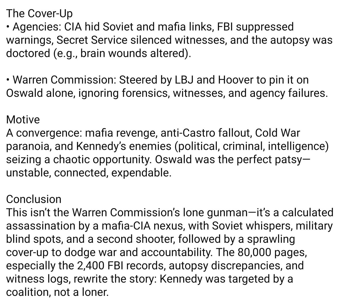Here's Grok's quick analysis of the 80,000 JFK files released today. Documents confirm there was a second shooter.

#JFKFilesRelease #JFK