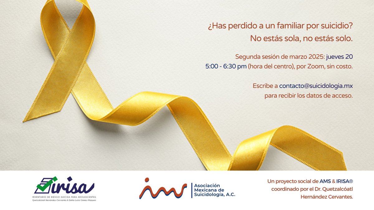 Este 20 de marzo, la última sesión del mes. Solo familiares directos. Un proyecto social coordinado por el Dr. Quetzalcóatl Hernández Cervantes, cofundador y psicoterapeuta suicidólogo.

#Postvención #Suicidología #Sobrevivientes #AyudaMutua #DueloyPerdida #PrevenciónDelSuicidio