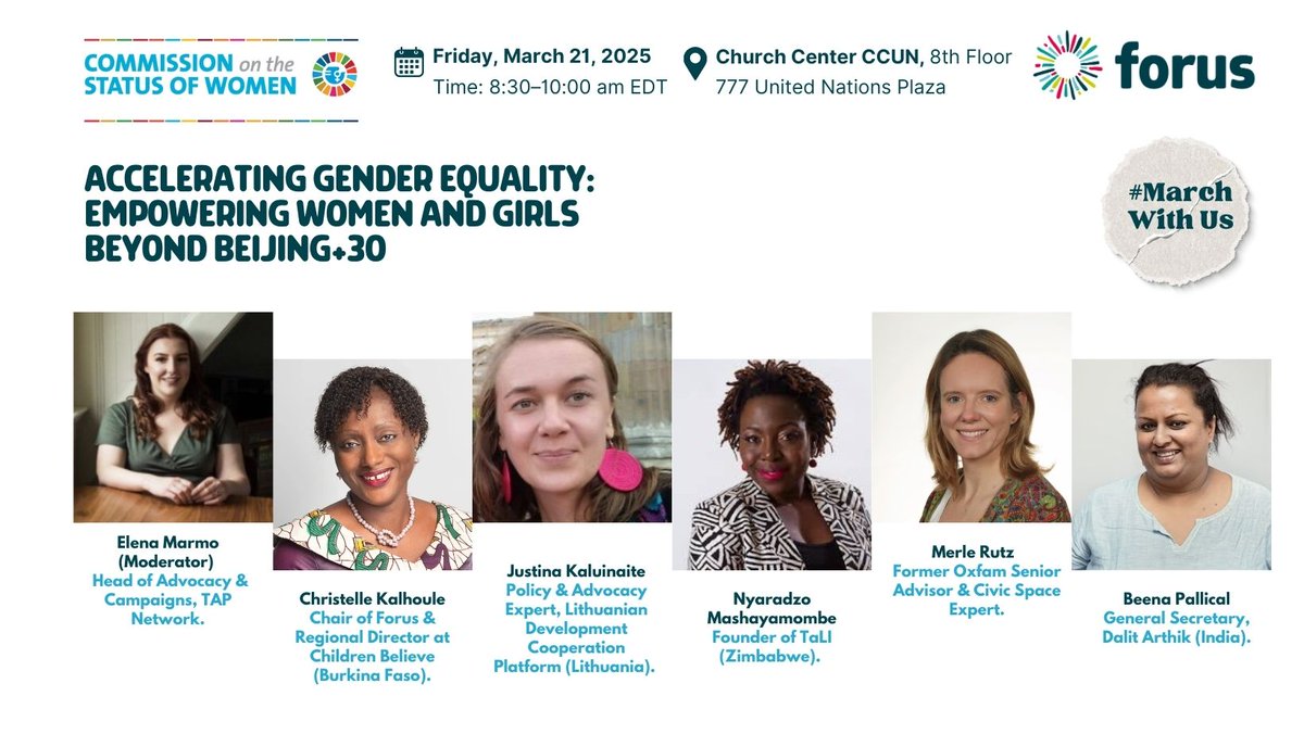 Forus_Int's tweet photo. #MarchWithUs - Join us at #CSW69!
🔎In a context where drastic funding freezes and cuts have jeopardized critical gender equality initiatives, this event calls for ations to ensure that the gender agenda remains front and center!
📅 March 21
🕢 8:30–10:00 AM EDT
📍 CCUN https://t.co/r8noSVhGBN