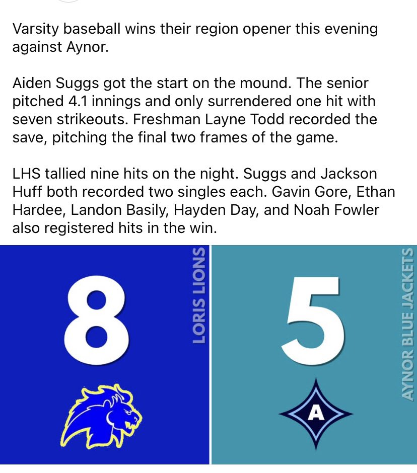 Lions win the Region opener against Aynor! Great game all around tonight fellas! Go Lions! 🦁⚾️
<a href="/aiden_suggs/">Aiden Suggs</a> 
<a href="/JacksonHuff16/">Jackson Huff</a> 
<a href="/4HaydenDay11/">Hayden Day</a>