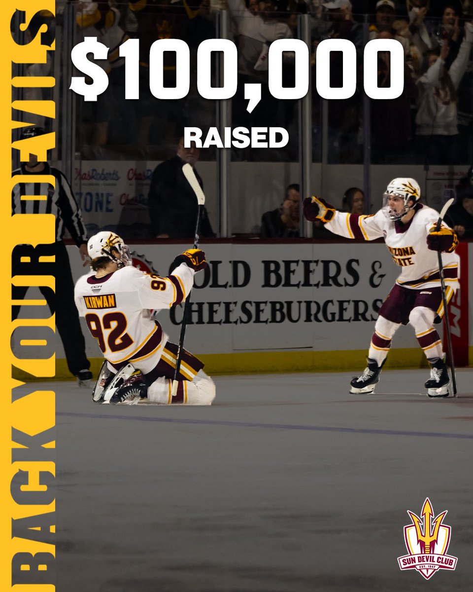 sundevilclub's tweet photo. Back Your Devils Week just lit the lamp with $100K raised! 🥅🚨
The Valley has stepped up, but we’re still on the power play. Let’s keep the momentum going - every Sun Devil can make a difference! Give now: https://t.co/zmLSDTZngV
#ActivateTheValley https://t.co/nreFewxH6t