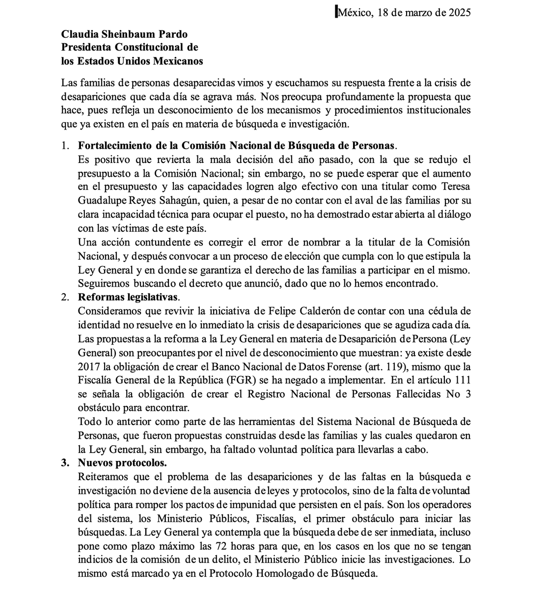 Pajaropolitico's tweet photo. 🗣️“Nos preocupa profundamente la propuesta que hace”: Más de 150 colectivos y activistas suscribieron una carta de respuesta al plan de seis puntos presentados por la presidenta @Claudiashein para atender la crisis de personas desaparecidas, en el que lamentan su desconocimiento de los mecanismos institucionales que ya existen.