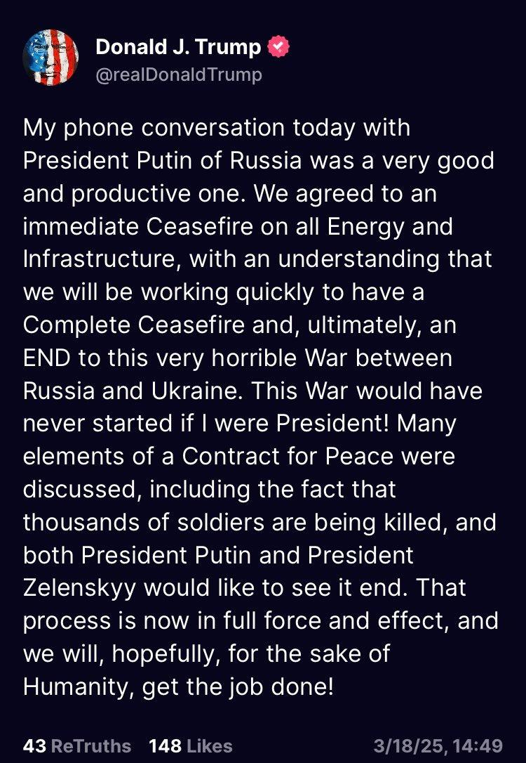 UpendrraRai's tweet image. U.S. President @realDonaldTrump released a statement on his call with Russian President #VladimirPutin. Trump states: "My phone conversation today with President #VladimirPutin of #Russia was a very good and productive one. We agreed to an immediate #Ceasefire on all #Energy and