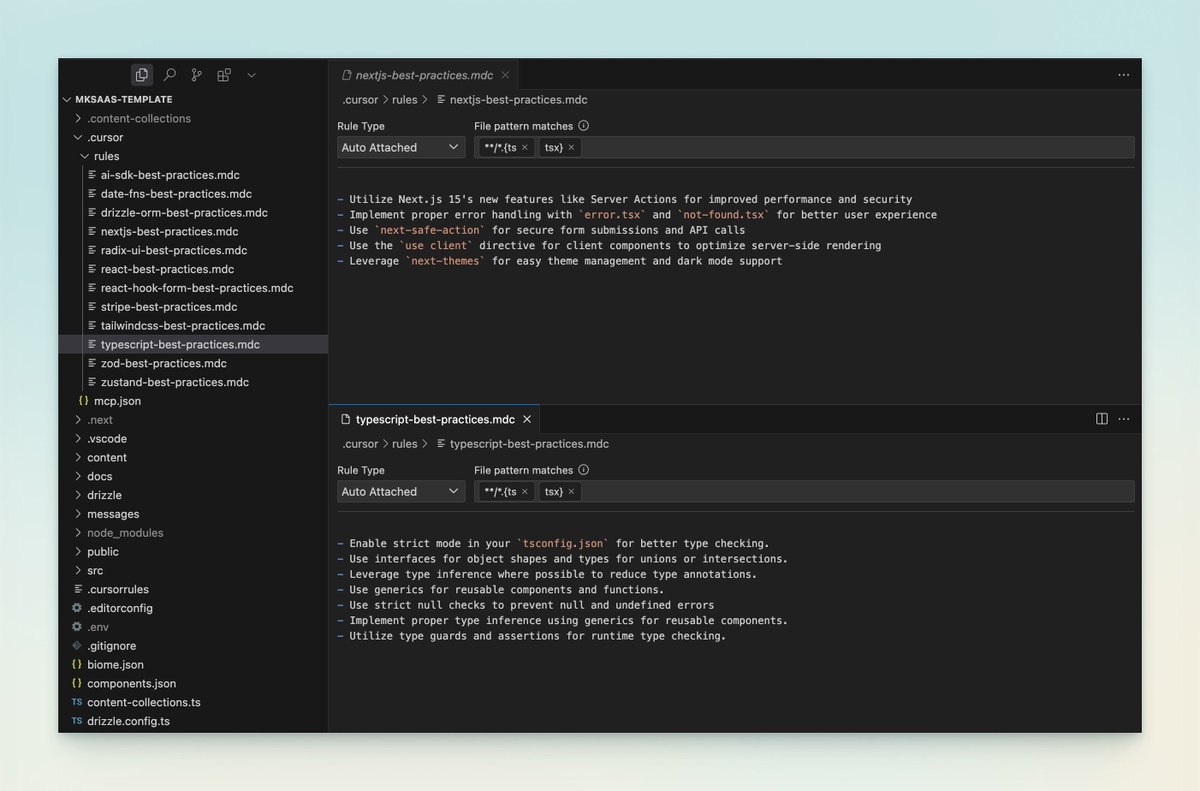 indie_maker_fox's tweet image. 🔥 Cursor 开发最佳实践

- 确定依赖，通过package.json生成project rules，放在 .cursor/rules下
- 模块开发，每个模块归档份 README，总结功能、接口和使用方式
- 小步快跑，每次只开发一个功能，代码遵循最佳实践，不搞黑科技

通过上述流程，MkSaaS 模板的代码和文档逐渐完善，AI很少出现幻觉 👇