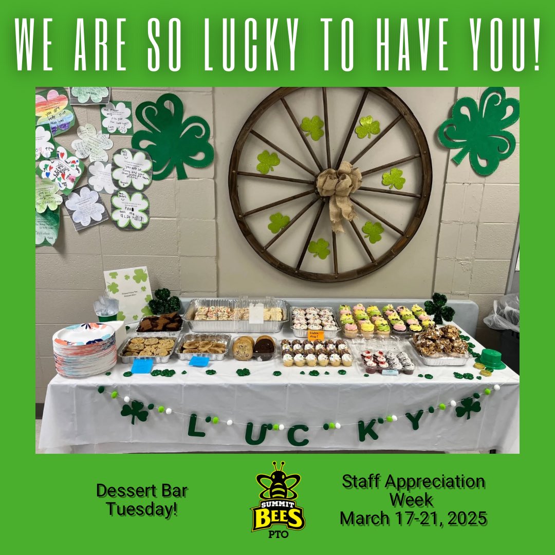 Teacher and Staff Appreciation Week 
Day 2: Dessert Bar Tuesday!
Thanks to Summit families who baked delicious desserts! 
<a href="/summitbees/">SummitElementaryFHSD</a>