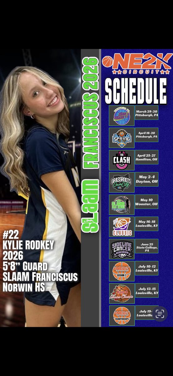 Come watch <a href="/KylieRodkey/">Kylie Rodkey</a> ball out for <a href="/SLAAMBASKETBALL/">slaambasketball</a> in the following tournaments this season!