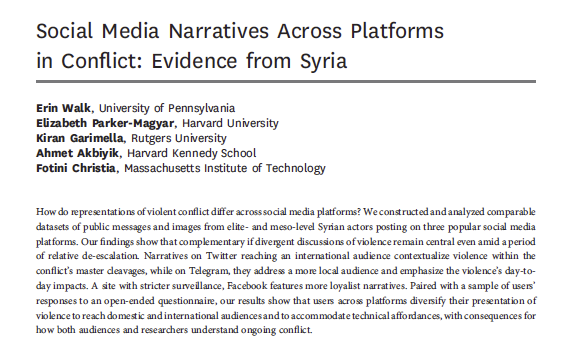 Biff Parker-Magyar (@biffpm) on Twitter photo Our article “Social Media Narratives Across Conflict: Evidence from Syria” is now ahead of print at the Journal of Politics! <a href="/The_JOP/">Journal of Politics @jop@sciences.social</a>
<a href="/gvrkiran/">Kiran Garimella</a> <a href="/walk_erin/">Erin Walk</a> <a href="/ahmetakbiyik_en/">Ahmet Akbiyik</a> Our article “Social Media Narratives Across Conflict: Evidence from Syria” is now ahead of print at the Journal of Politics! <a href="/The_JOP/">Journal of Politics @jop@sciences.social</a>
<a href="/gvrkiran/">Kiran Garimella</a> <a href="/walk_erin/">Erin Walk</a> <a href="/ahmetakbiyik_en/">Ahmet Akbiyik</a>